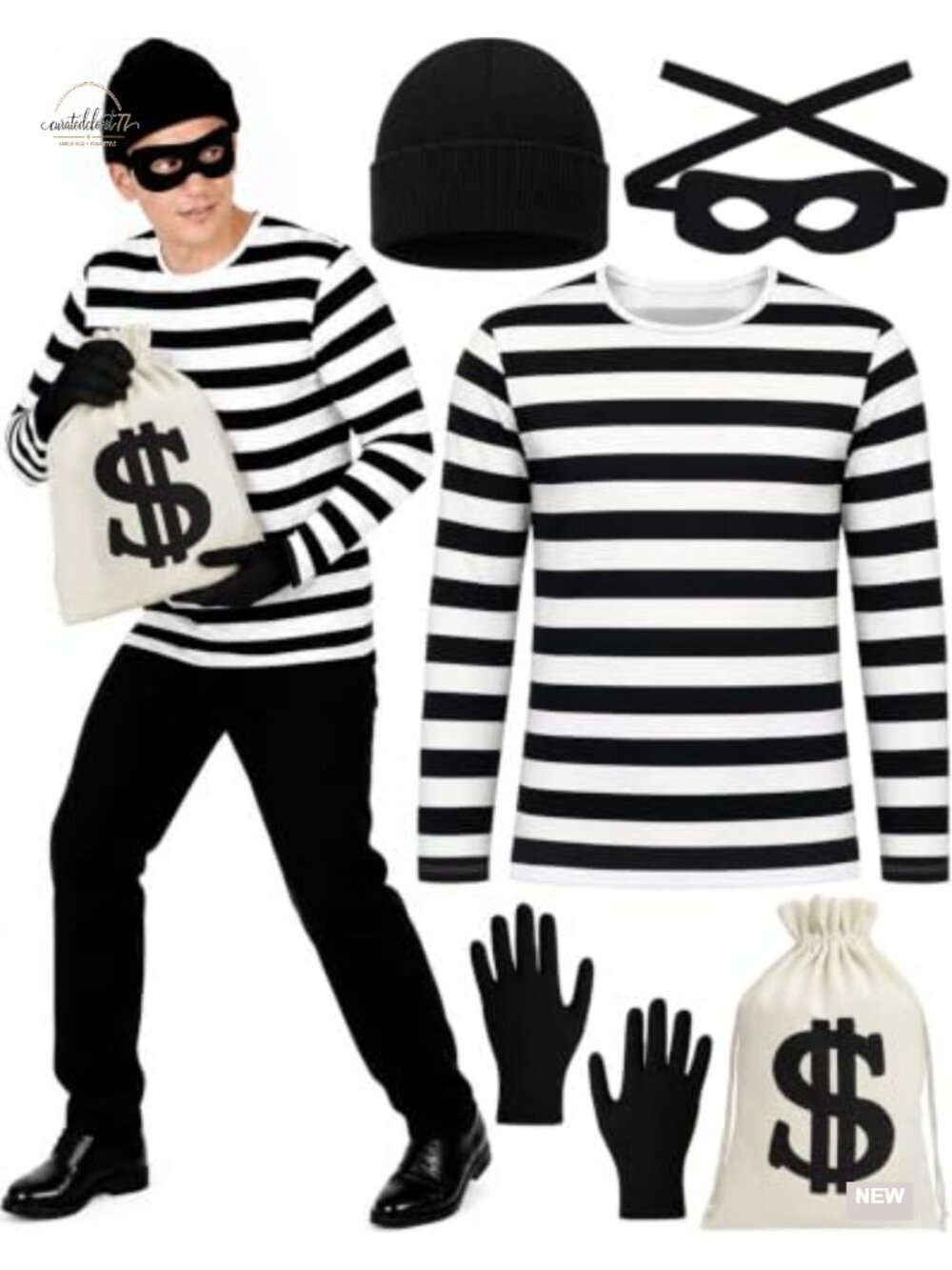 5 PC Robber Costume Men Polyester Halloween Burglar Cosplay Outfit